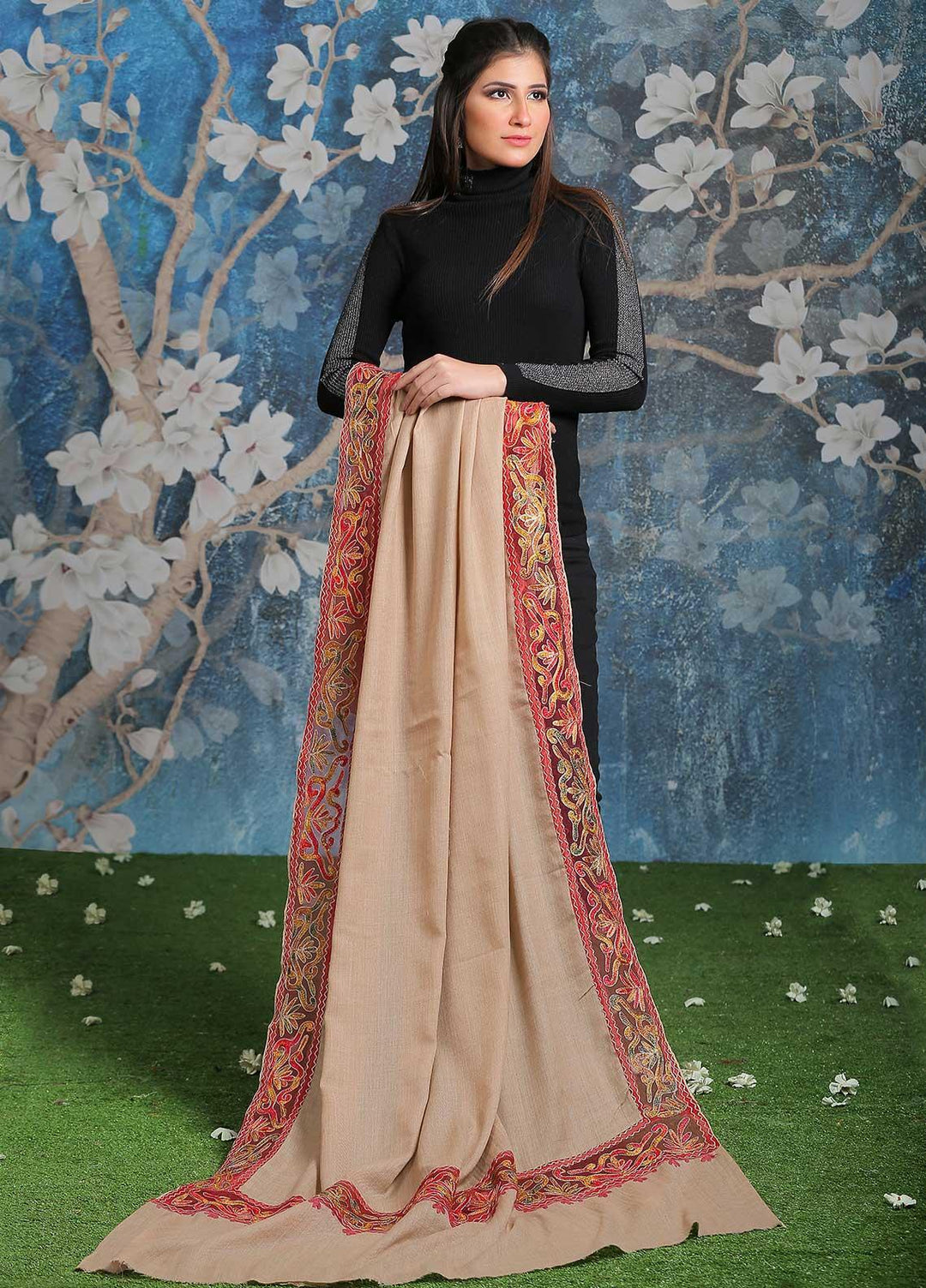 Sanaulla Exclusive Range Embroidered Pashmina Shawl SU21PP MIR-375 Beige4 Pure Pashmina Shawls