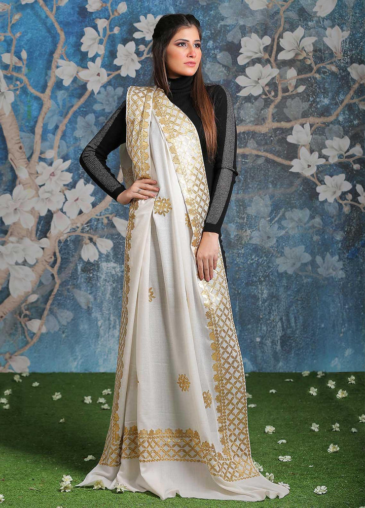 Sanaulla Exclusive Range Embroidered Pashmina Shawl SU21PP MIR-616-White Pure Pashmina Shawls