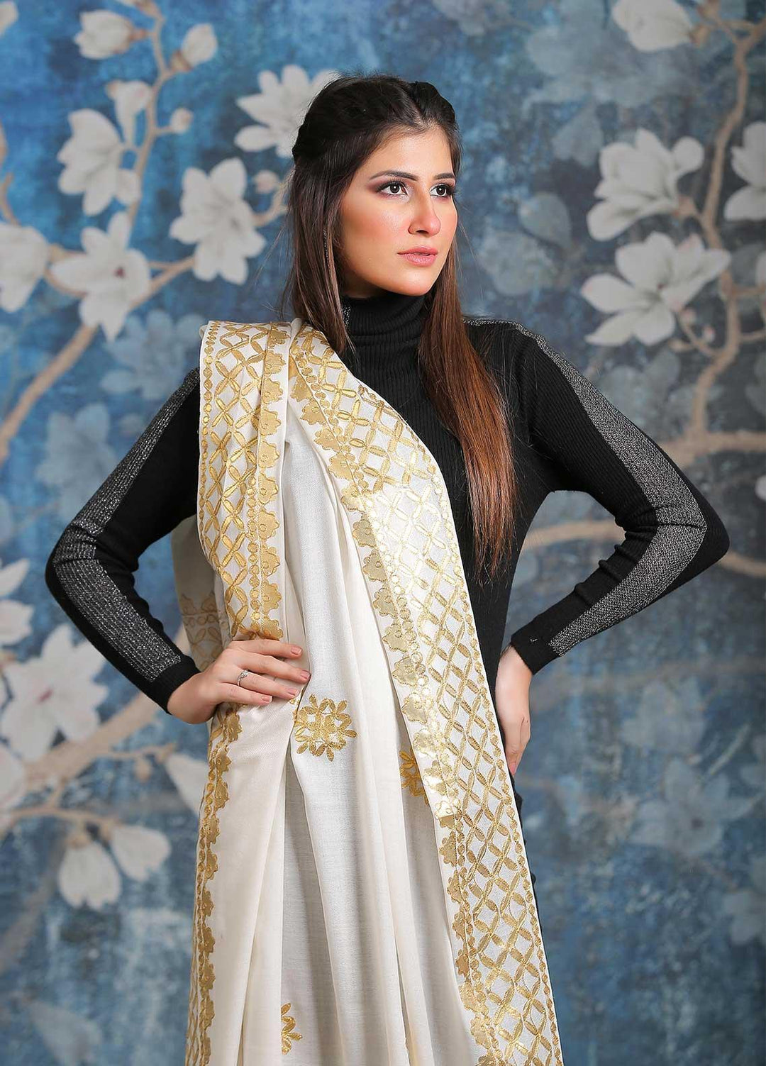 Sanaulla Exclusive Range Embroidered Pashmina Shawl SU21PP MIR-616-White Pure Pashmina Shawls