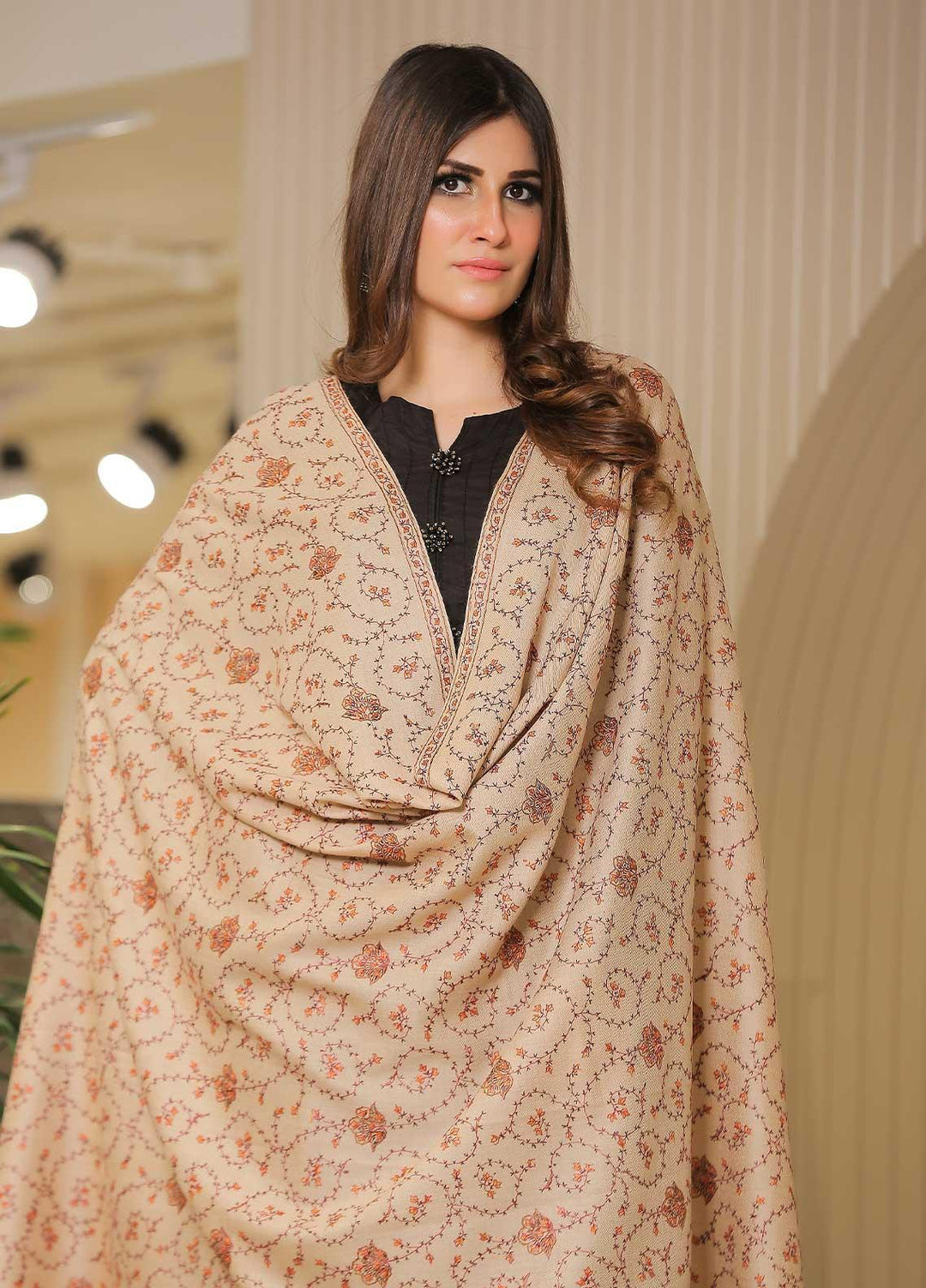 Sanaulla Exclusive Range Pashmina Shawl SU21PP AKP-14 Fawn-6 Pure Pashmina Shawls