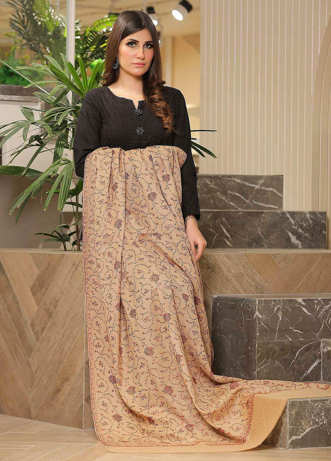 Sanaulla Exclusive Range Pashmina Shawl SU21PP AKP-14 Fawn-9 Pure Pashmina Shawls