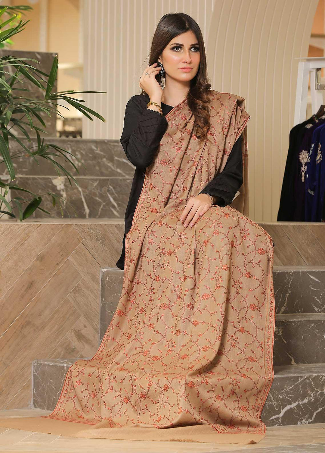 Sanaulla Exclusive Range Pashmina Shawl SU21PP AKP-14 Fawn-11 Pure Pashmina Shawls