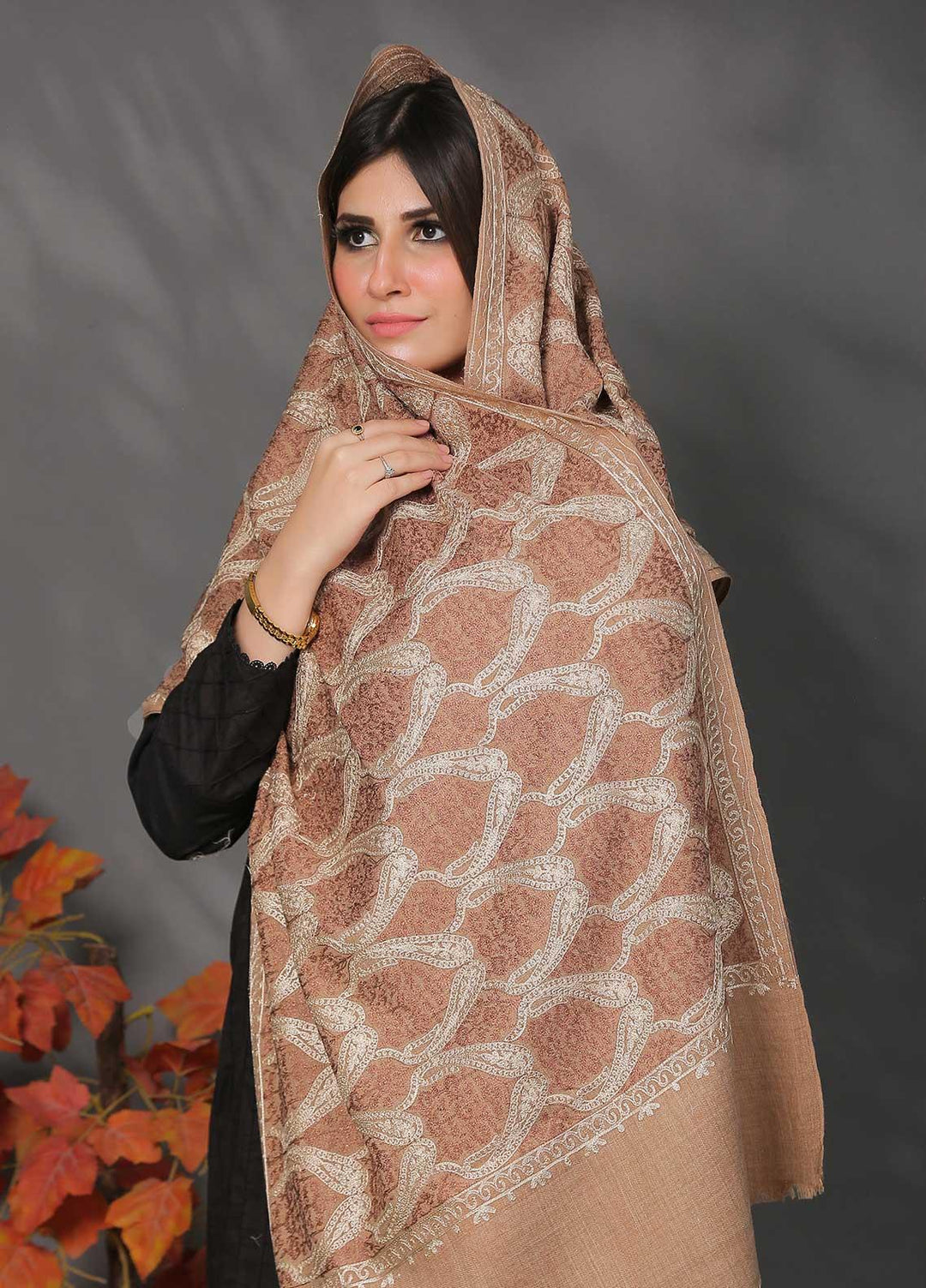 Sanaulla Exclusive Range Pashmina Shawl SU21PP AKP-23 L Brown-1 Pure Pashmina Shawls