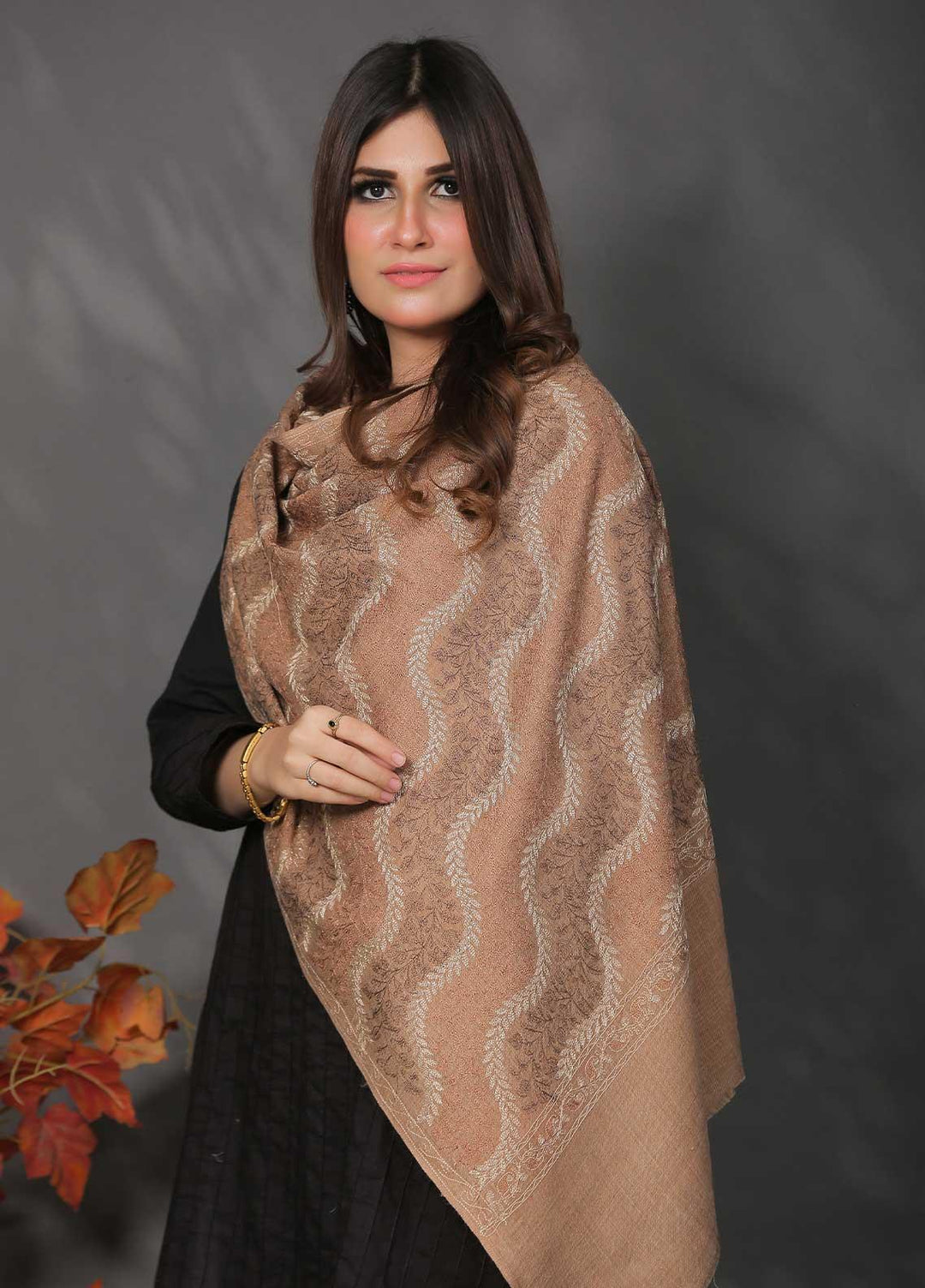 Sanaulla Exclusive Range Pashmina Shawl SU21PP AKP-23 L Brown-2 Pure Pashmina Shawls