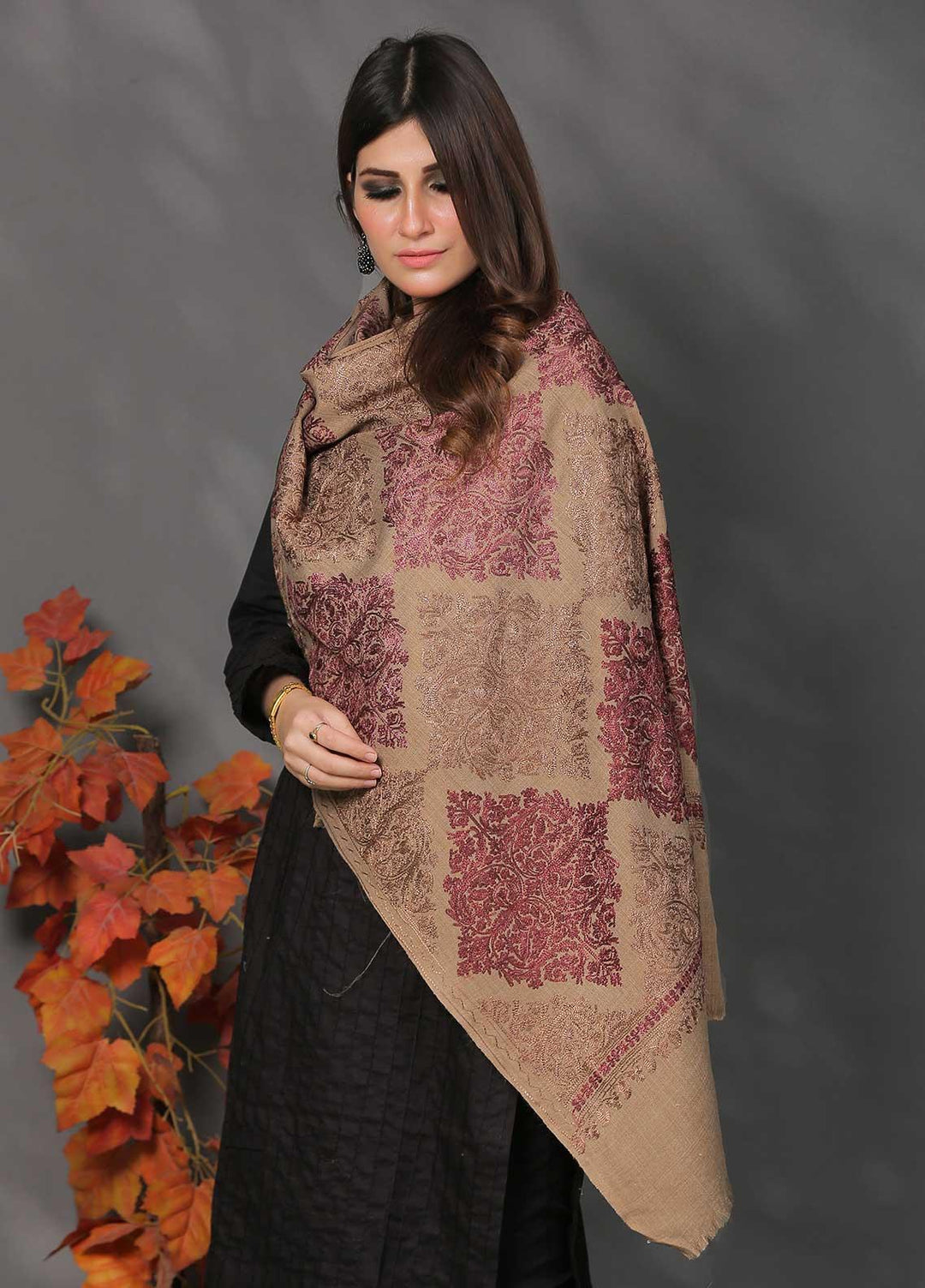 Sanaulla Exclusive Range Pashmina Shawl SU21PP AKP-23 L Brown-5 Pure Pashmina Shawls