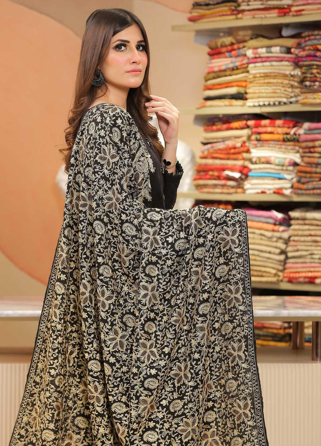 Sanaulla Exclusive Range Pashmina Shawl SU21PP AKP-33 Black Pure Pashmina Shawls