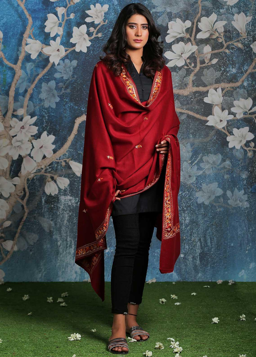 Sanaulla Exclusive Range Embroidered Pashmina  Shawl SU21PP OD-2 - Pure Pashmina Shawls