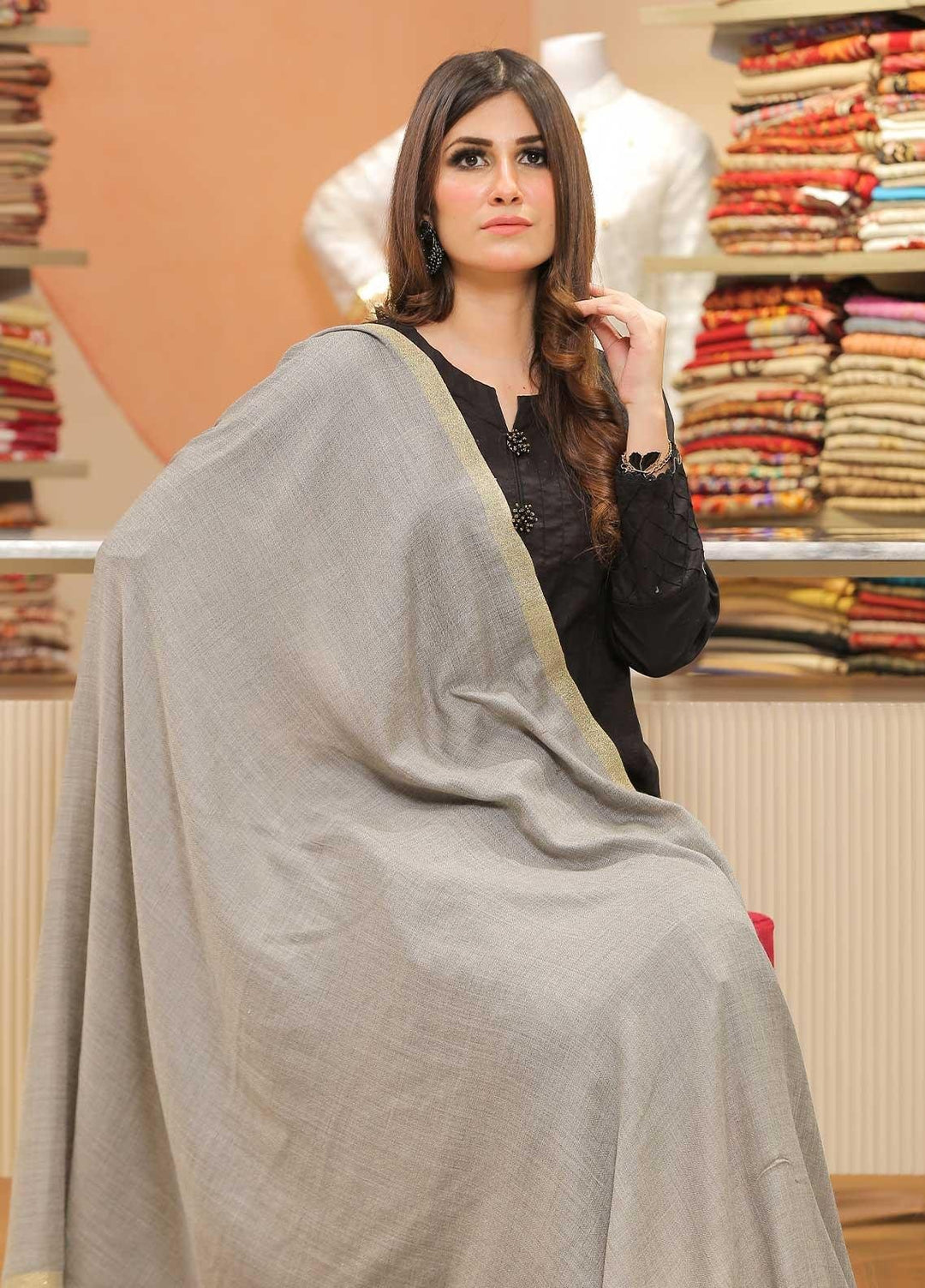 Sanaulla Exclusive Range Pashmina Shawl SU21PP AKP-45 Grey-1 Pure Pashmina Shawls