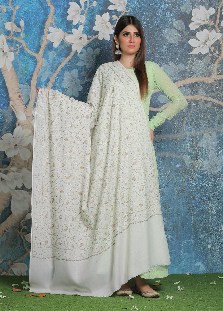 Sanaulla Exclusive Range Pashmina Shawl SU21PP AKP-08 Off White-2 Pure Pashmina Shawls