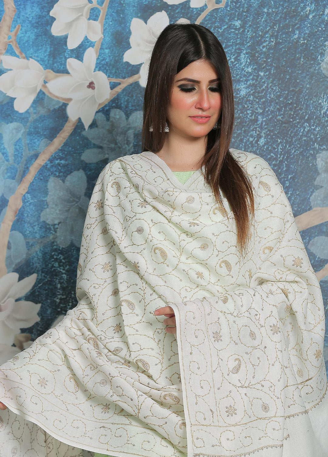 Sanaulla Exclusive Range Pashmina Shawl SU21PP AKP-08 Off White-2 Pure Pashmina Shawls