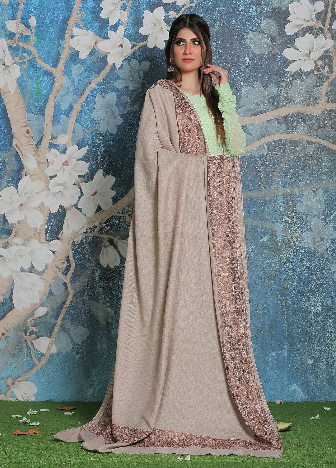 Sanaulla Exclusive Range Pashmina Shawl SU21PP AKP-43 Beige-3 Pure Pashmina Shawls