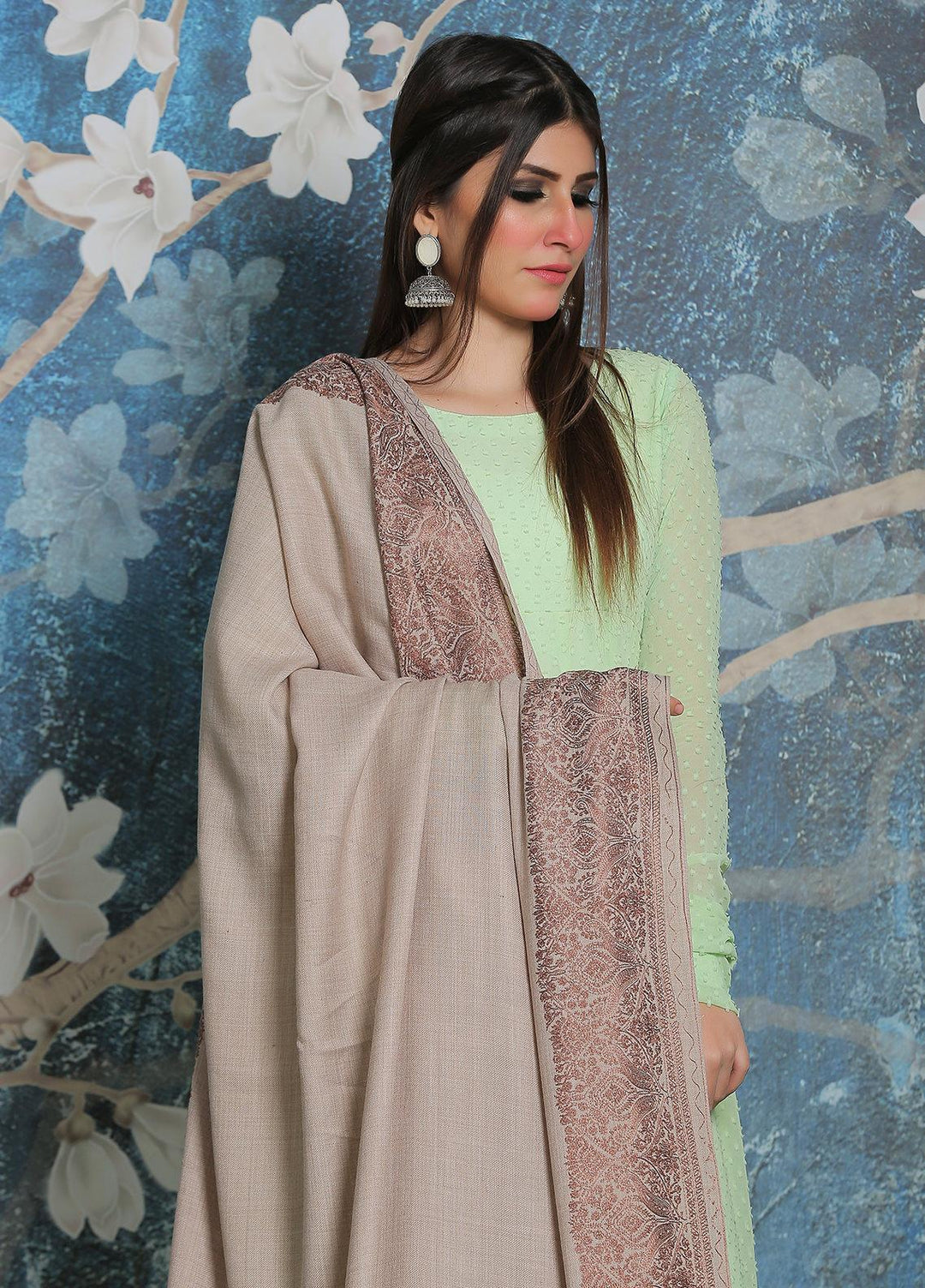 Sanaulla Exclusive Range Pashmina Shawl SU21PP AKP-43 Beige-3 Pure Pashmina Shawls