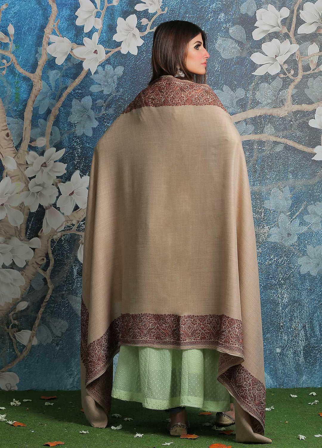 Sanaulla Exclusive Range Pashmina Shawl SU21PP AKP-43 Beige-4 Pure Pashmina Shawls