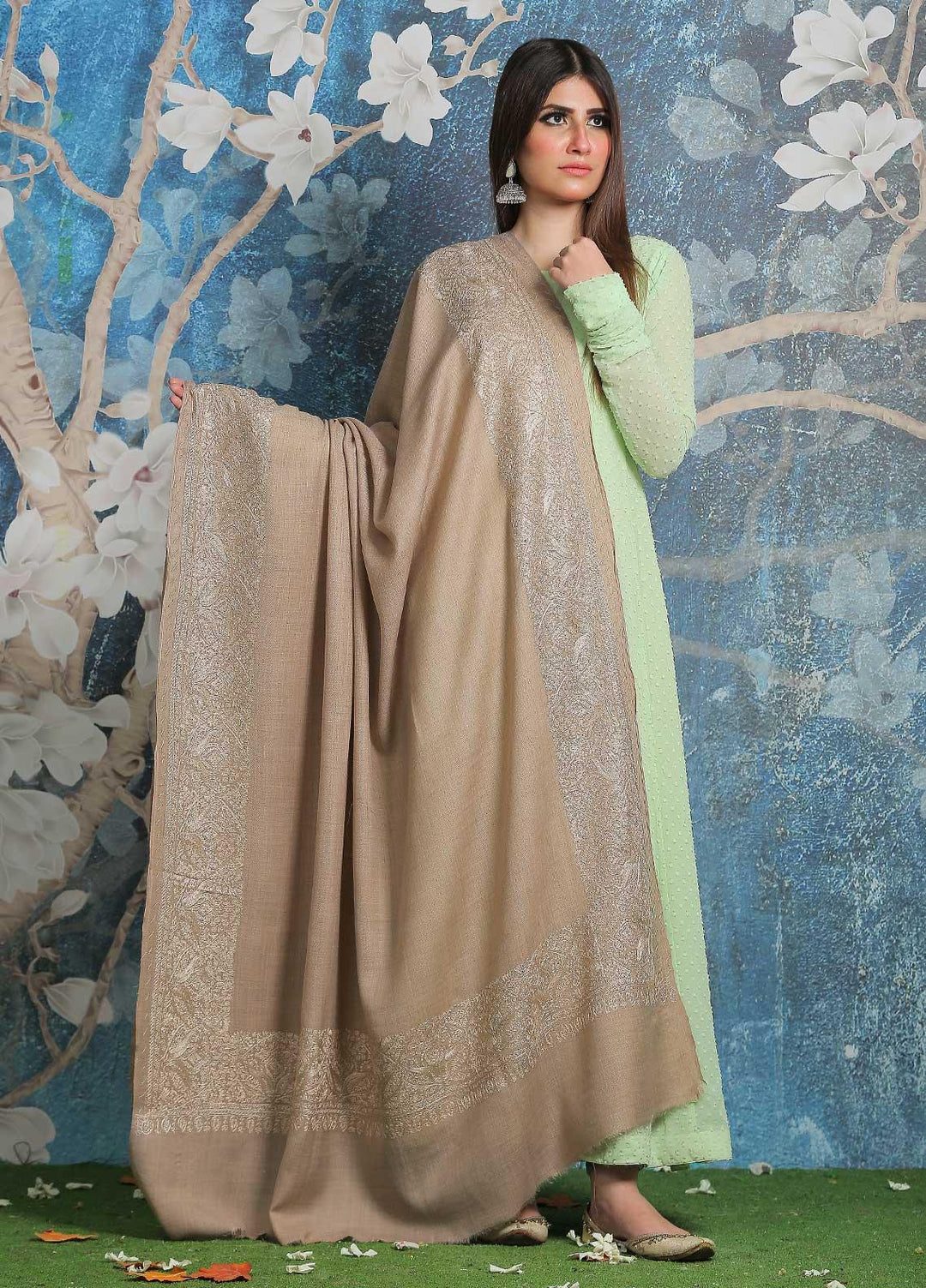 Sanaulla Exclusive Range Pashmina Shawl SU21PP AKP-43 Beige-5 Pure Pashmina Shawls