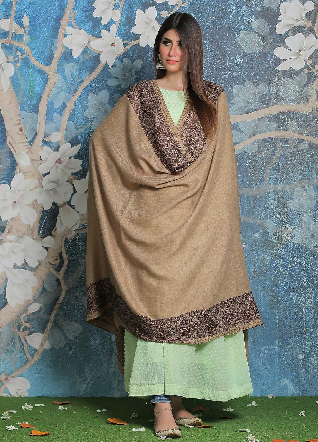 Sanaulla Exclusive Range Pashmina Shawl SU21PP AKP-43 Brown-2 Pure Pashmina Shawls