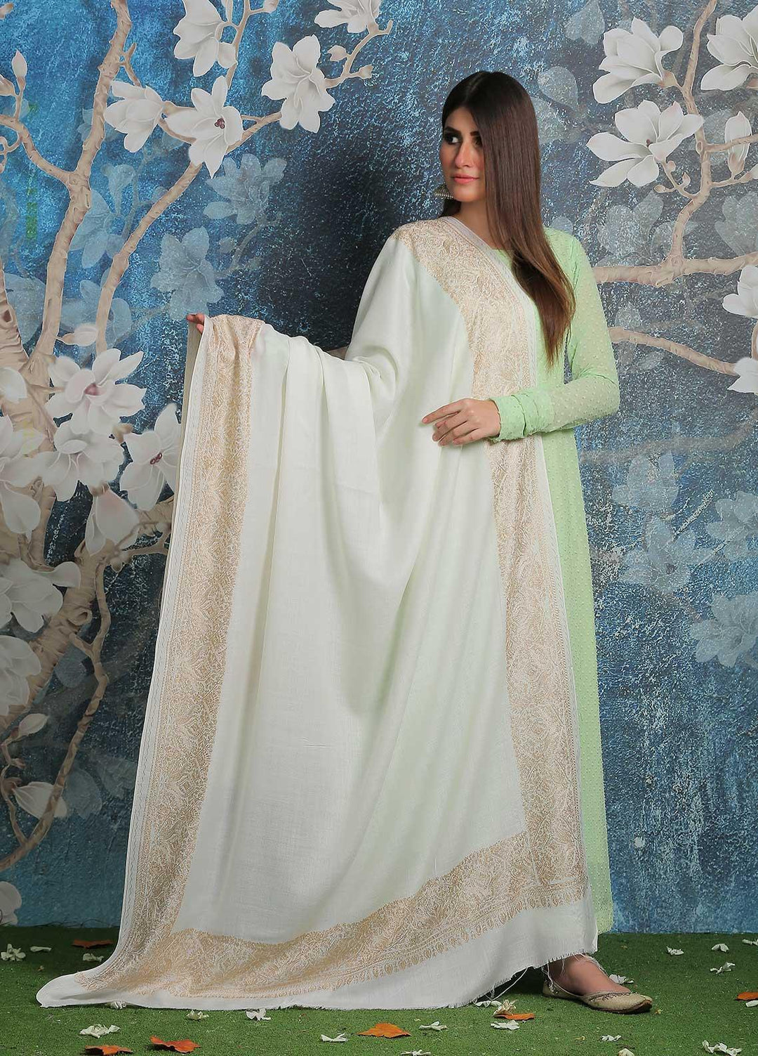 Sanaulla Exclusive Range Pashmina Shawl SU21PP AKP-43 White Pure Pashmina Shawls