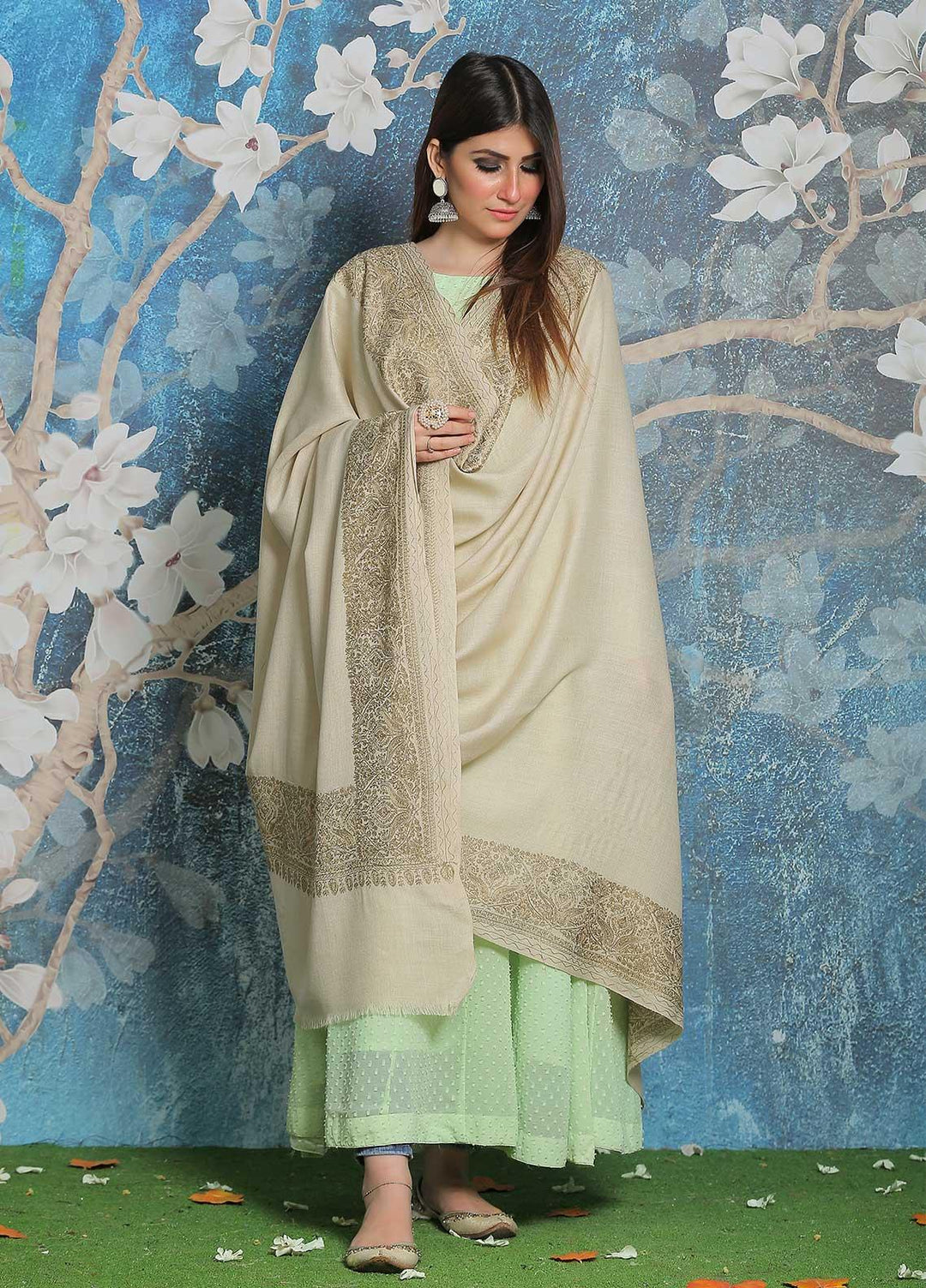 Sanaulla Exclusive Range Pashmina Shawl SU21PP AKP-43 Green Pure Pashmina Shawls