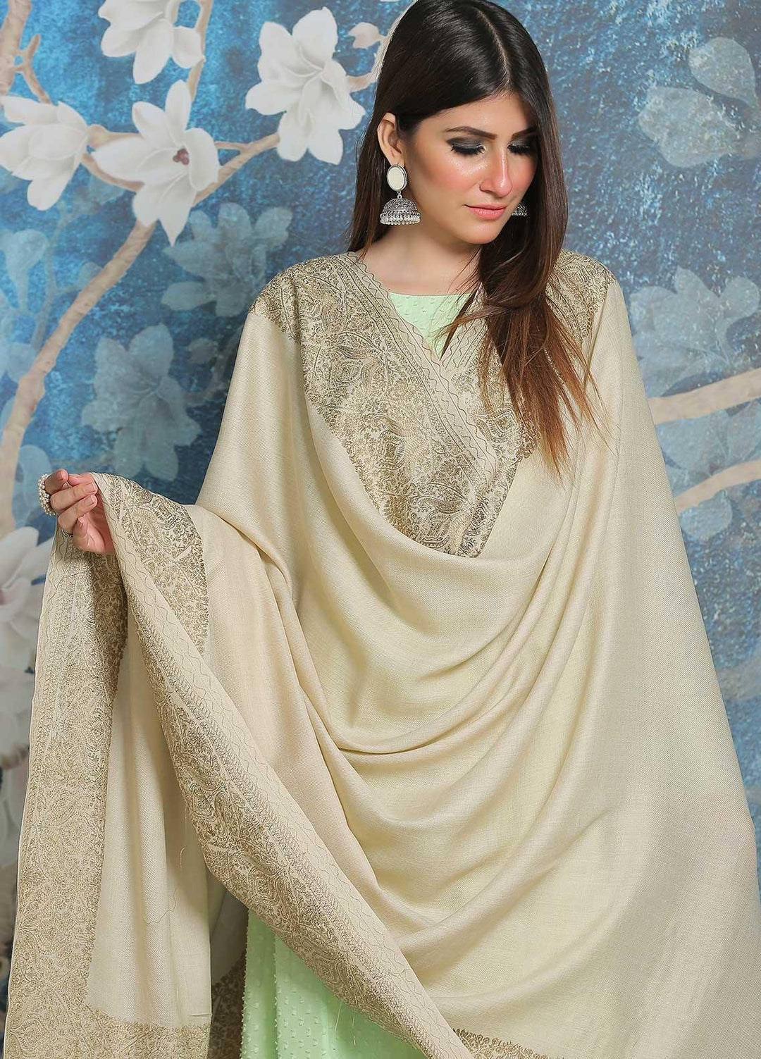 Sanaulla Exclusive Range Pashmina Shawl SU21PP AKP-43 Green Pure Pashmina Shawls