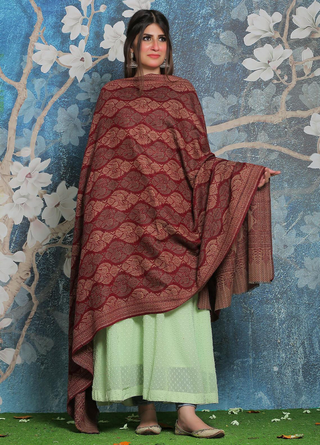 Sanaulla Exclusive Range Pashmina Shawl SU21PP AKP-50 Maroon-2 Pure Pashmina Shawls