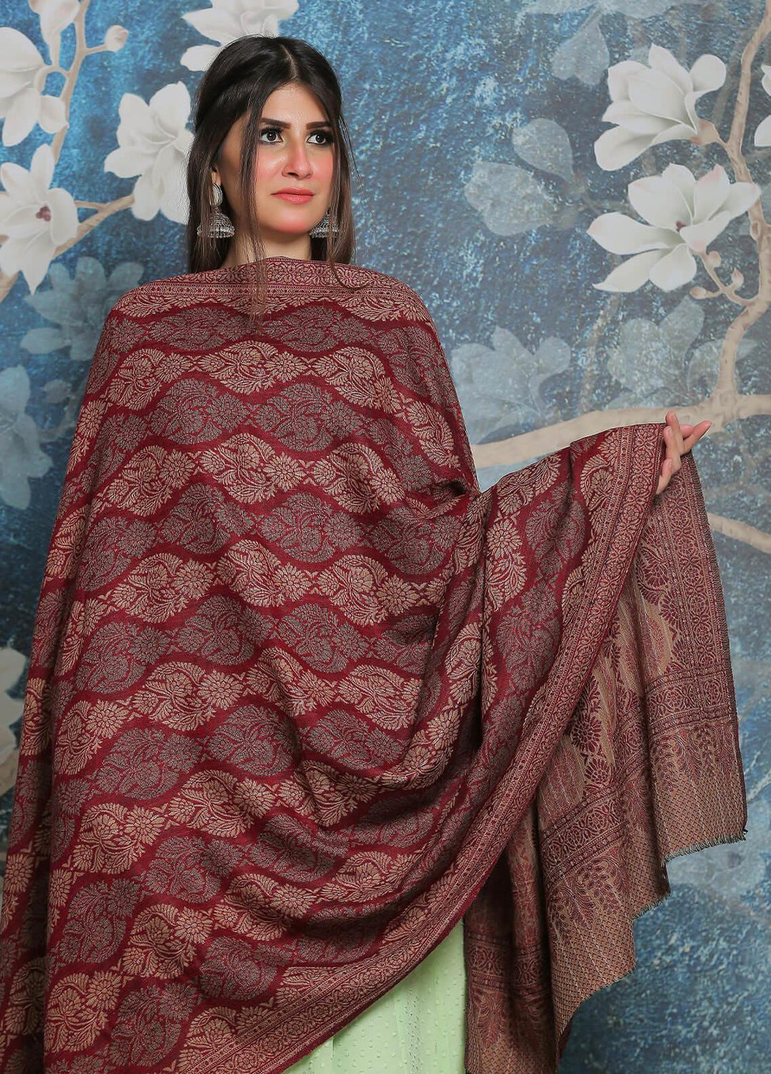 Sanaulla Exclusive Range Pashmina Shawl SU21PP AKP-50 Maroon-2 Pure Pashmina Shawls