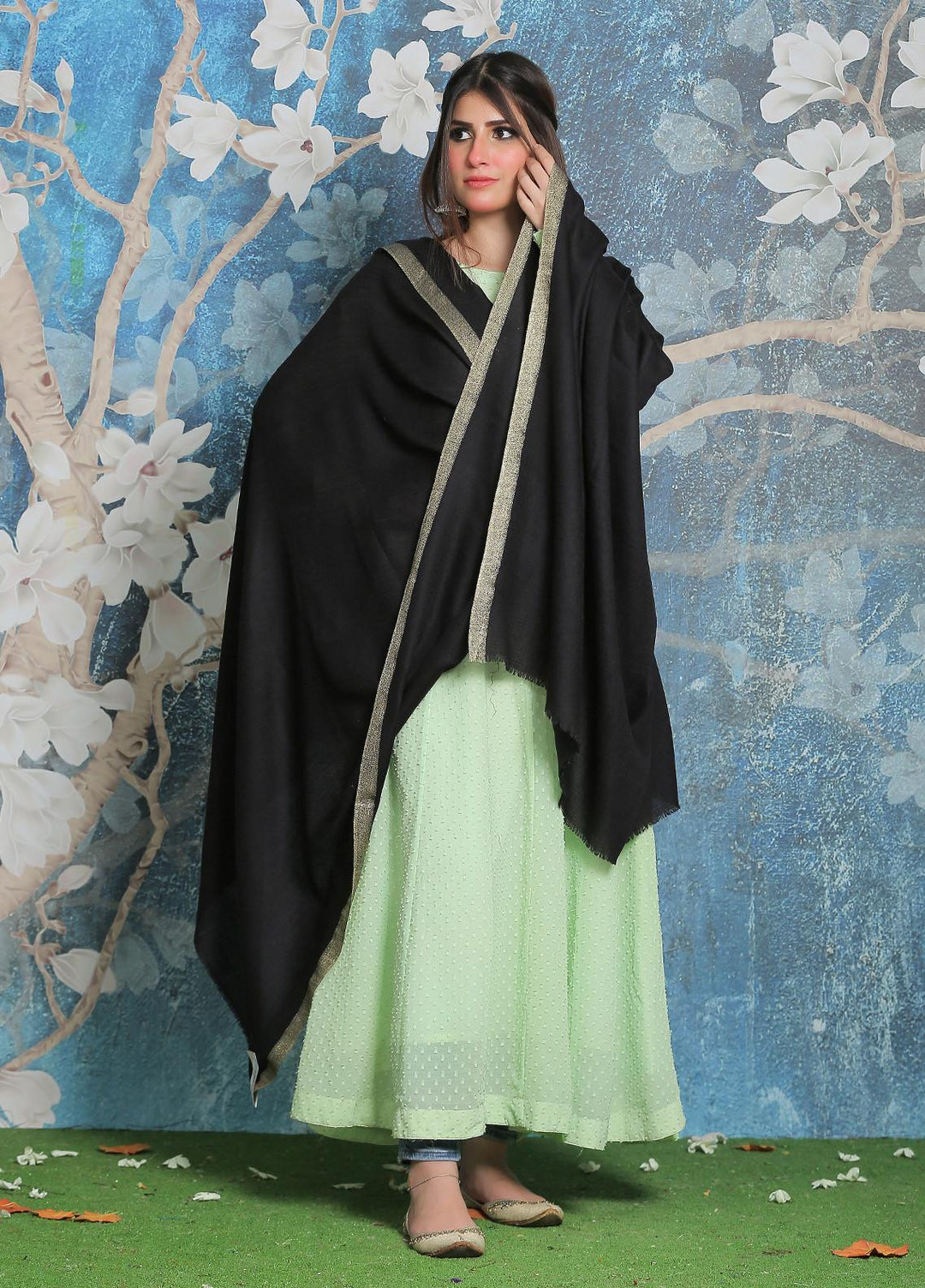 Sanaulla Exclusive Range Pashmina Shawl SU21PP AKP-45 Black Pure Pashmina Shawls