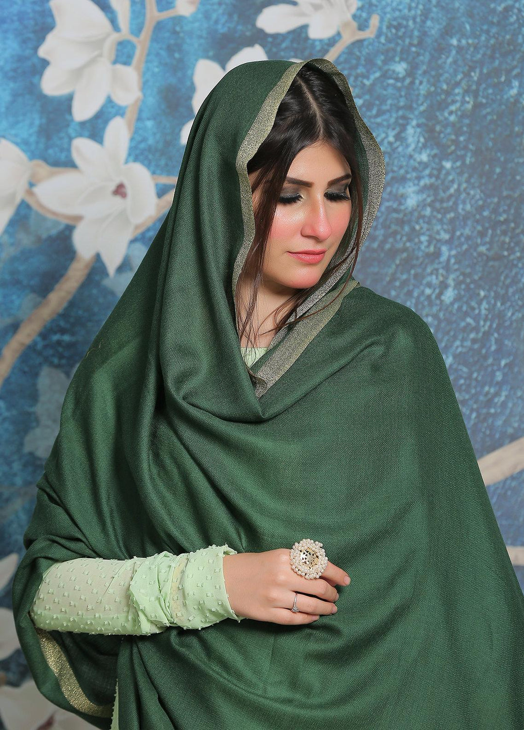 Sanaulla Exclusive Range Pashmina Shawl SU21PP AKP-45 Green Pure Pashmina Shawls