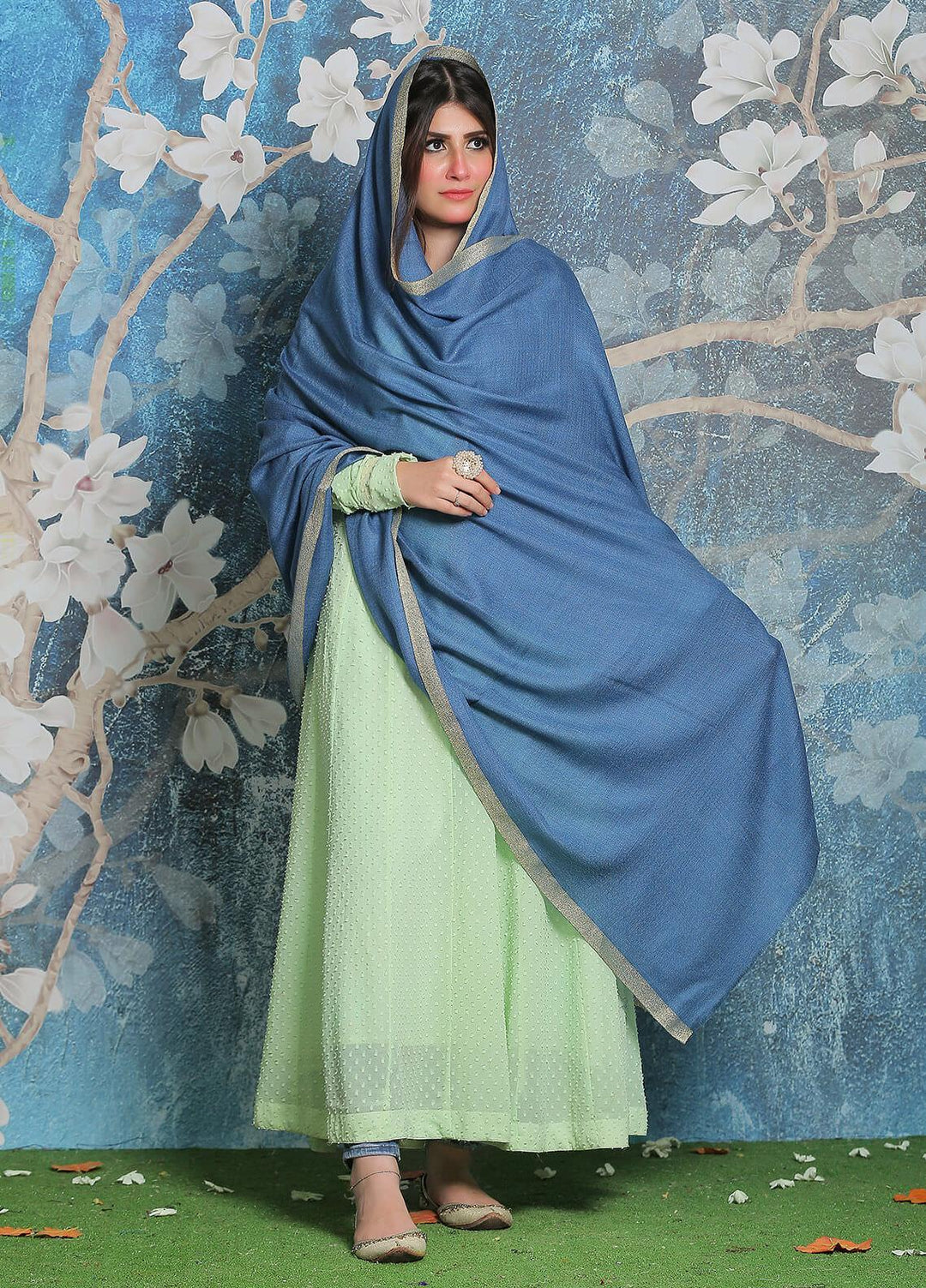 Sanaulla Exclusive Range Pashmina Shawl SU21PP AKP-45 SK Blue Pure Pashmina Shawls
