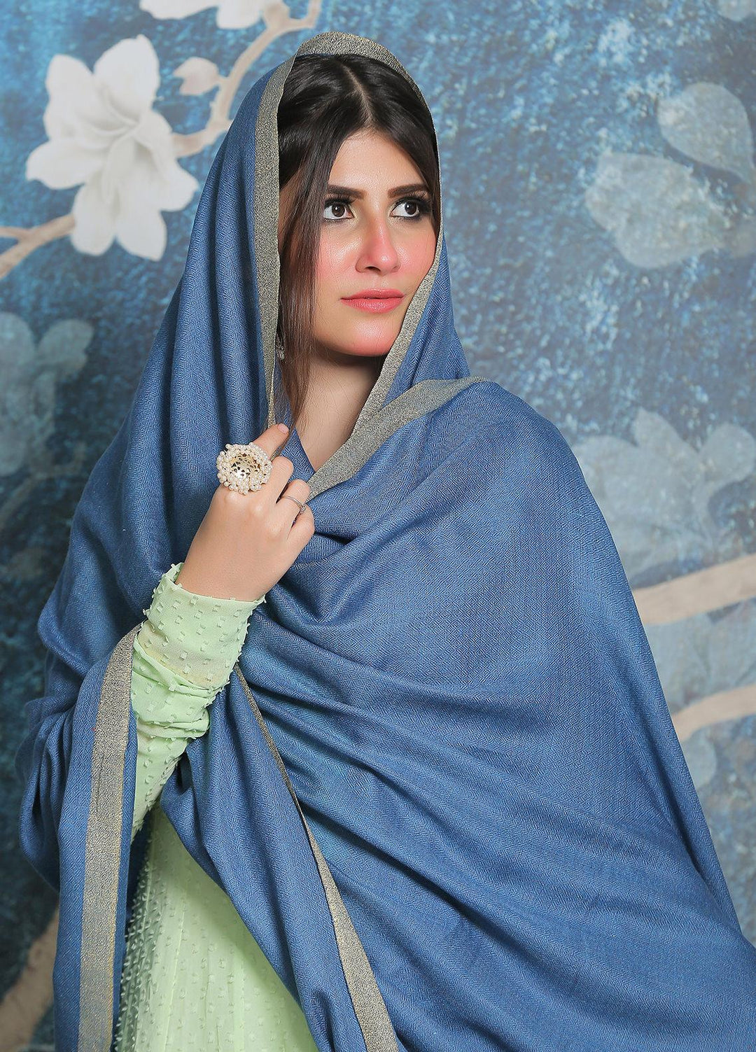 Sanaulla Exclusive Range Pashmina Shawl SU21PP AKP-45 SK Blue Pure Pashmina Shawls