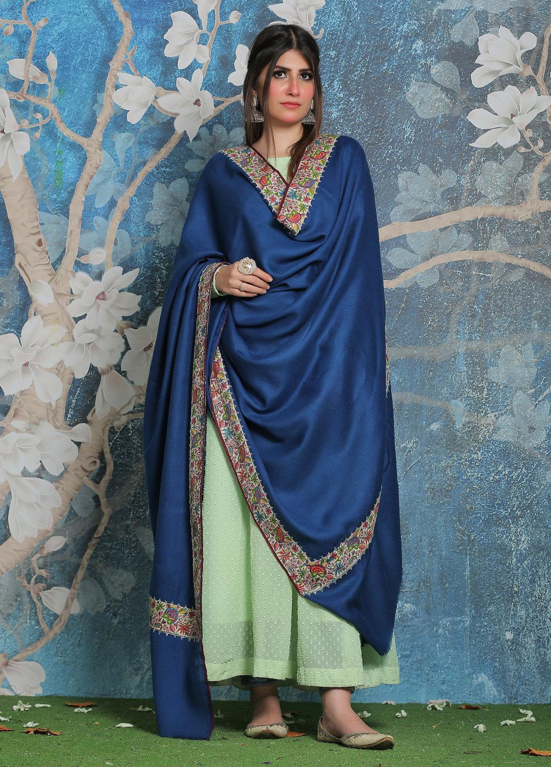 Sanaulla Exclusive Range Pashmina Shawl SU21PP AKP-48 R Blue Pure Pashmina Shawls