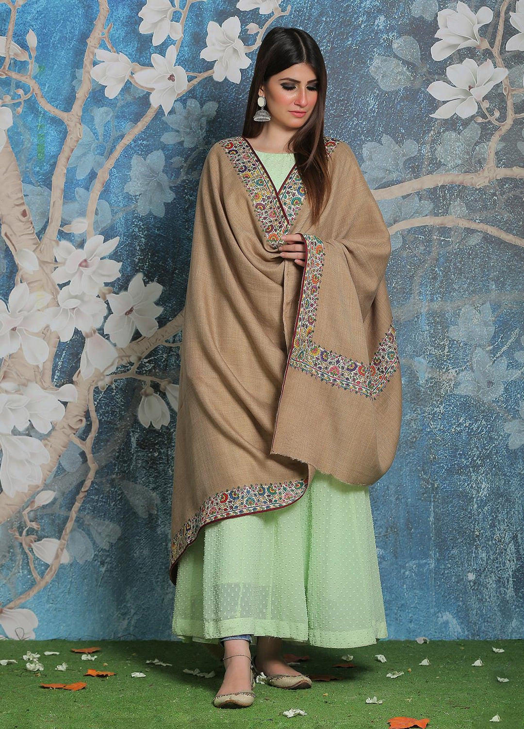 Sanaulla Exclusive Range Pashmina Shawl SU21PP AKP-48 Fawn-1 Pure Pashmina Shawls