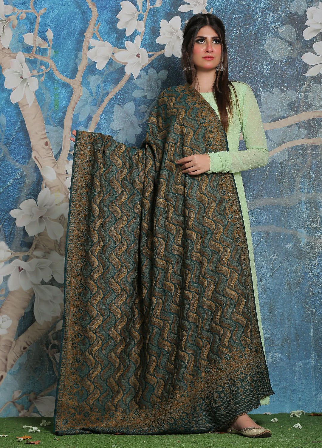 Sanaulla Exclusive Range Pashmina Shawl SU21PP AKP-50 Green Pure Pashmina Shawls