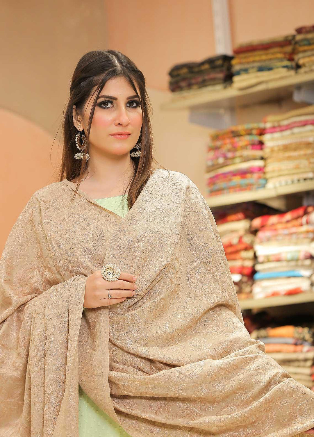 Sanaulla Exclusive Range Pashmina Shawl SU21PP AKP-25 Beige-1 Pure Pashmina Shawls