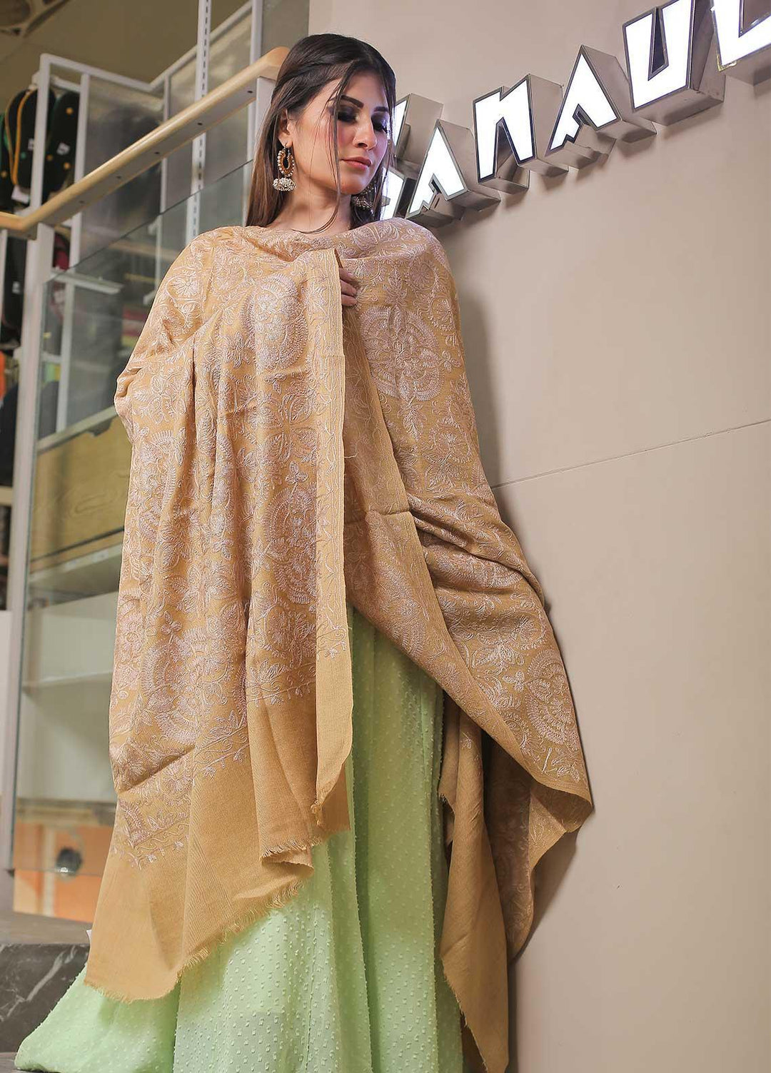 Sanaulla Exclusive Range Pashmina Shawl SU21PP AKP-25 Fawn Pure Pashmina Shawls