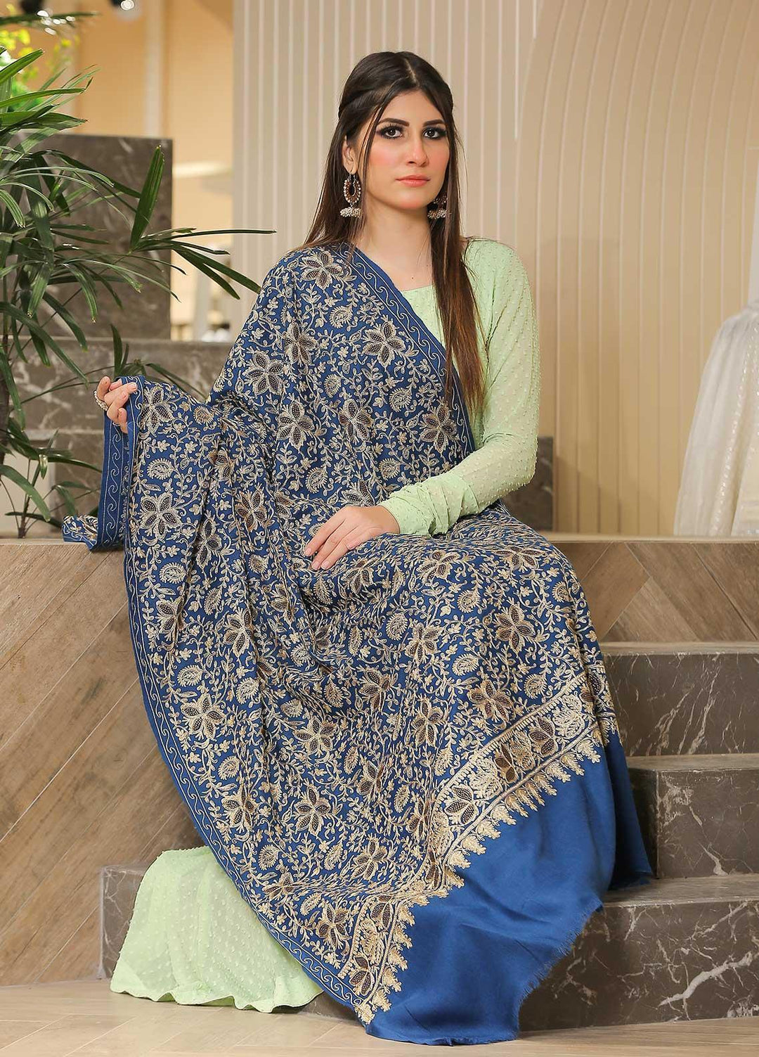 Sanaulla Exclusive Range Pashmina Shawl SU21PP AKP-33 R Blue Pure Pashmina Shawls