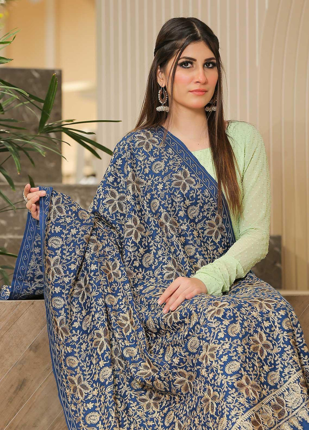 Sanaulla Exclusive Range Pashmina Shawl SU21PP AKP-33 R Blue Pure Pashmina Shawls