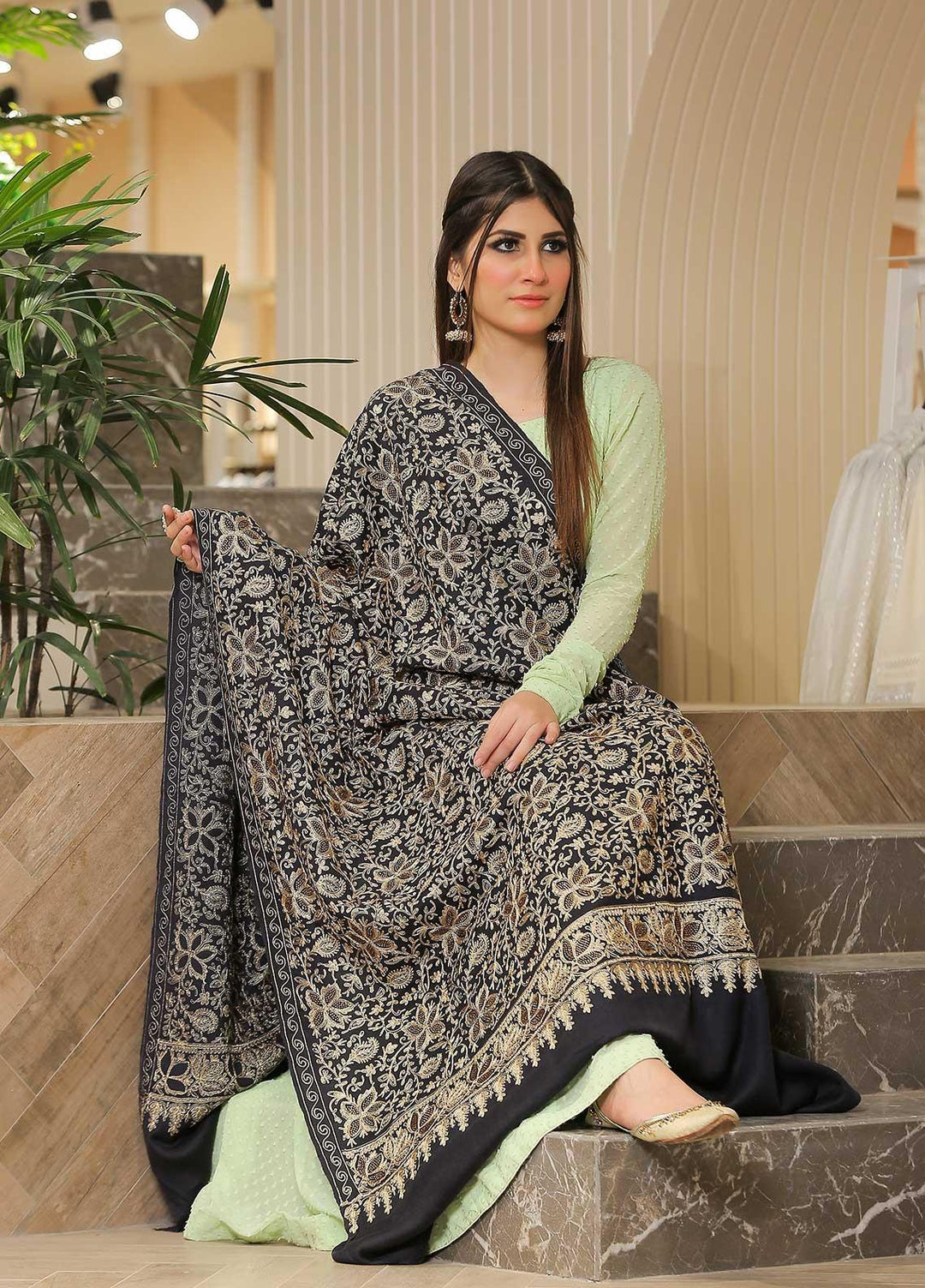 Sanaulla Exclusive Range Pashmina Shawl SU21PP AKP-33 N Blue Pure Pashmina Shawls