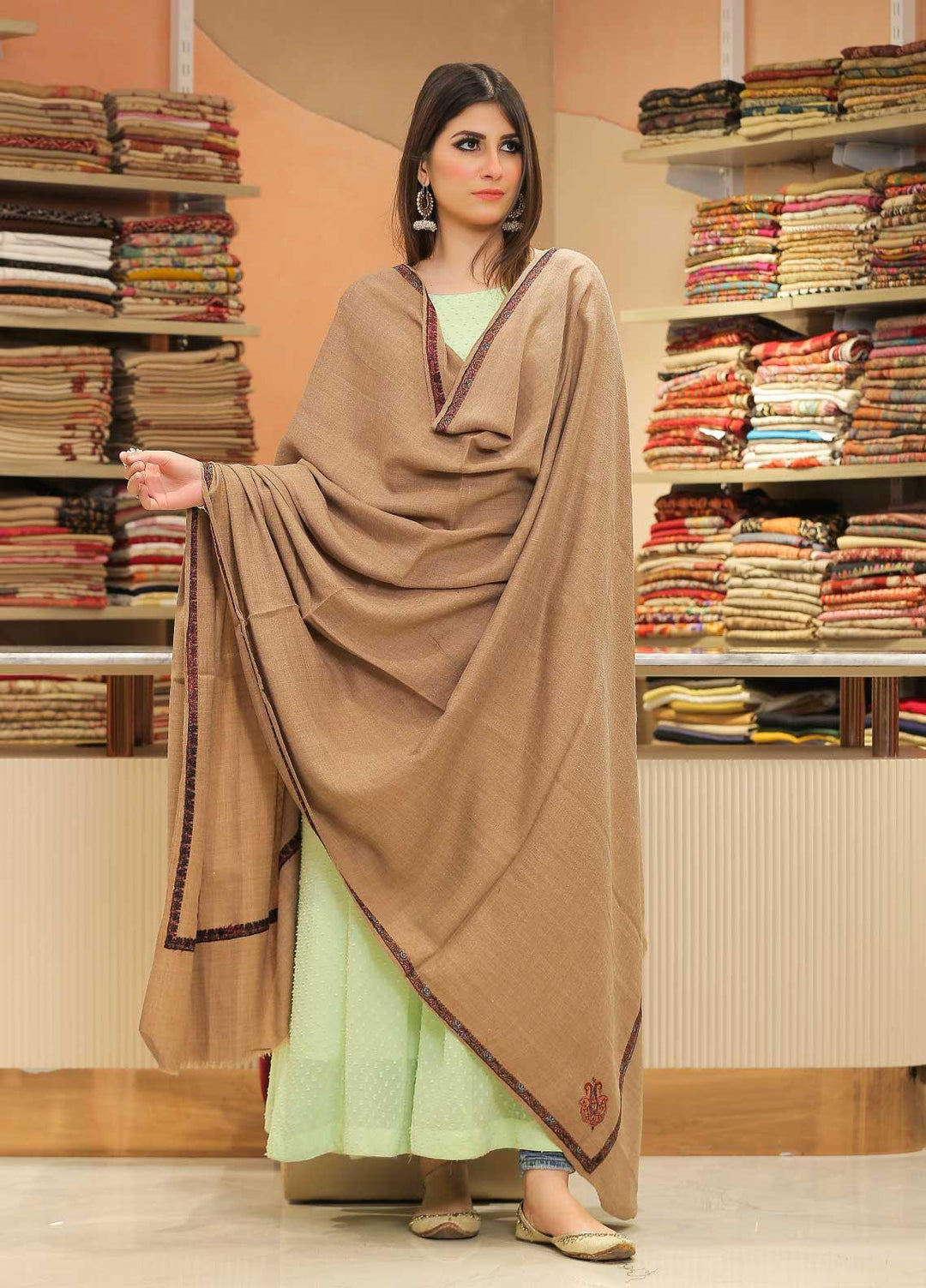 Sanaulla Exclusive Range Pashmina Shawl SU21PP AKP-09 Fawn-2 Pure Pashmina Shawls