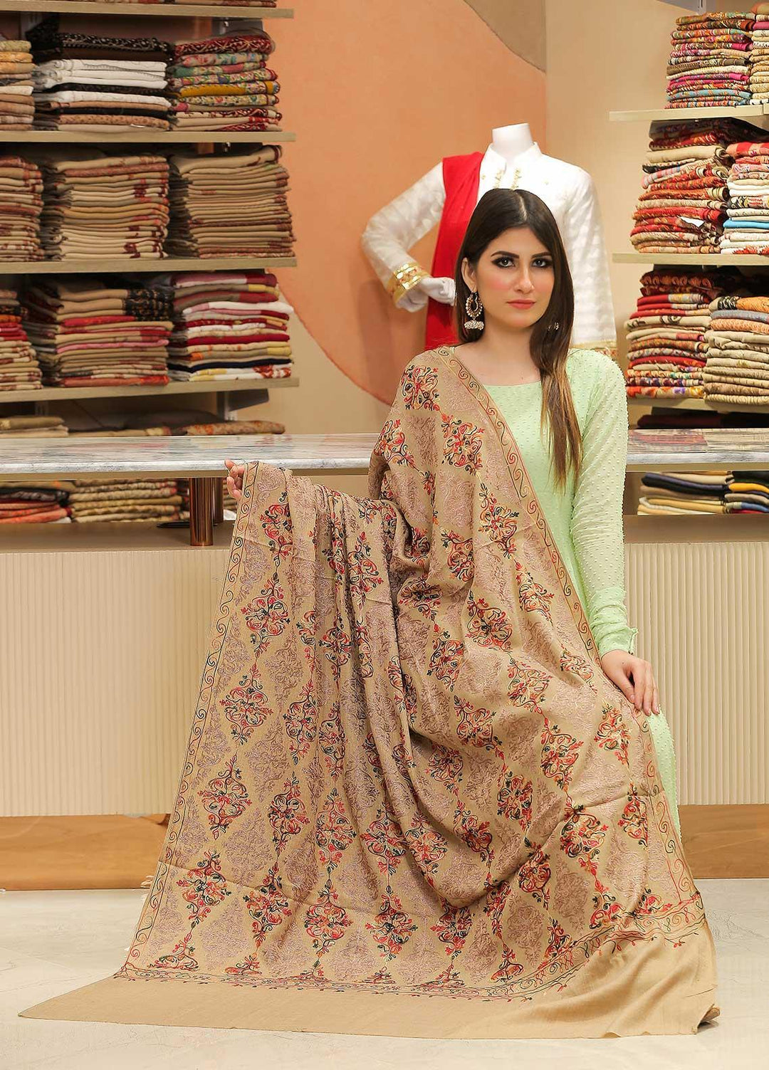 Sanaulla Exclusive Range Pashmina Shawl SU21PP AKP-27 Brown-3 Pure Pashmina Shawls