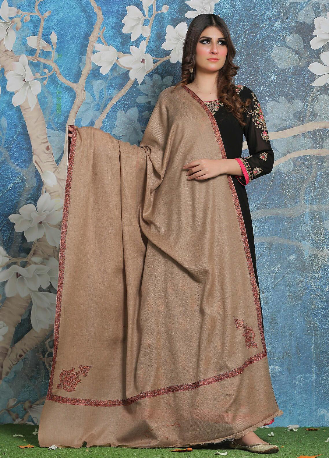 Sanaulla Exclusive Range Pashmina Shawl SU21PP AKP-29 Brown-4 Pure Pashmina Shawls