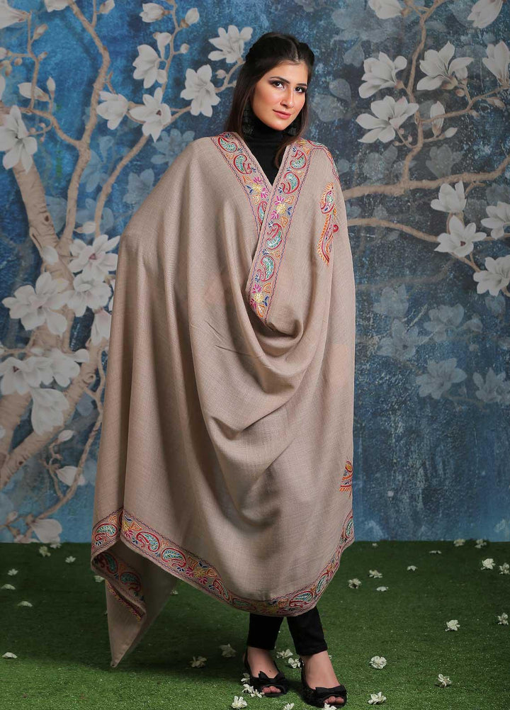 Sanaulla Exclusive Range Embroidered Pashmina Shawl SU21PP MIR-279 Brown Pure Pashmina Shawls