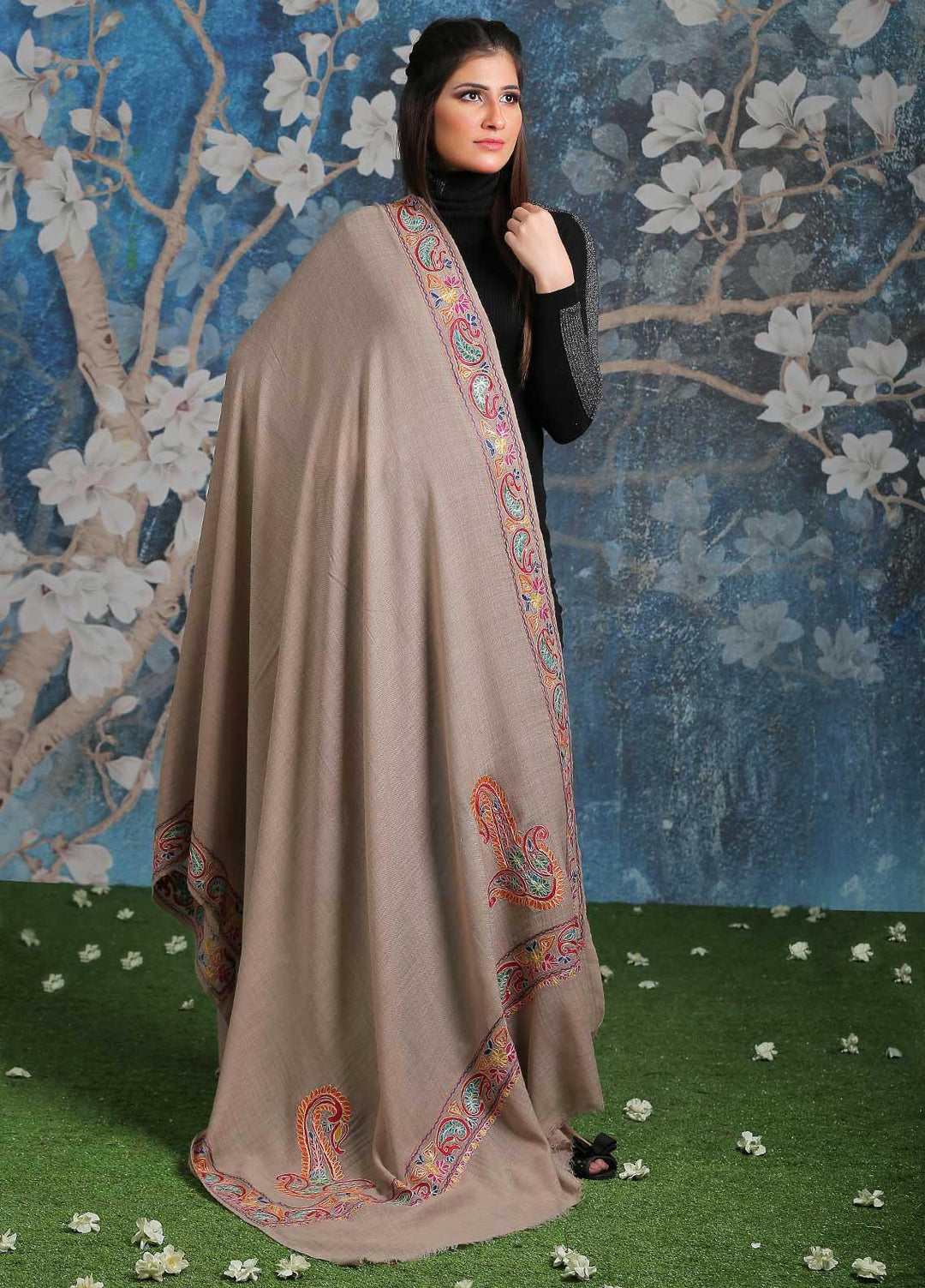 Sanaulla Exclusive Range Embroidered Pashmina Shawl SU21PP MIR-279 Brown Pure Pashmina Shawls