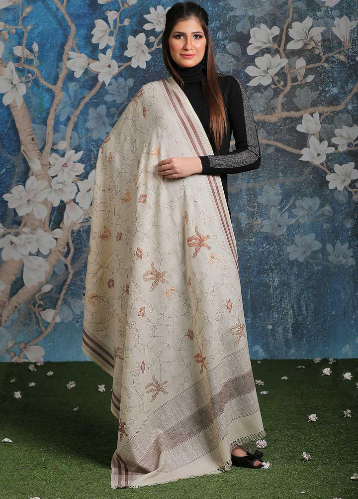 Sanaulla Exclusive Range Embroidered Pashmina Shawl SU21PP Off White D-07 Pure Pashmina Shawls