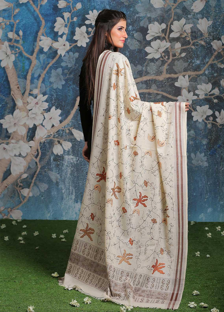 Sanaulla Exclusive Range Embroidered Pashmina Shawl SU21PP Off White D-07 Pure Pashmina Shawls