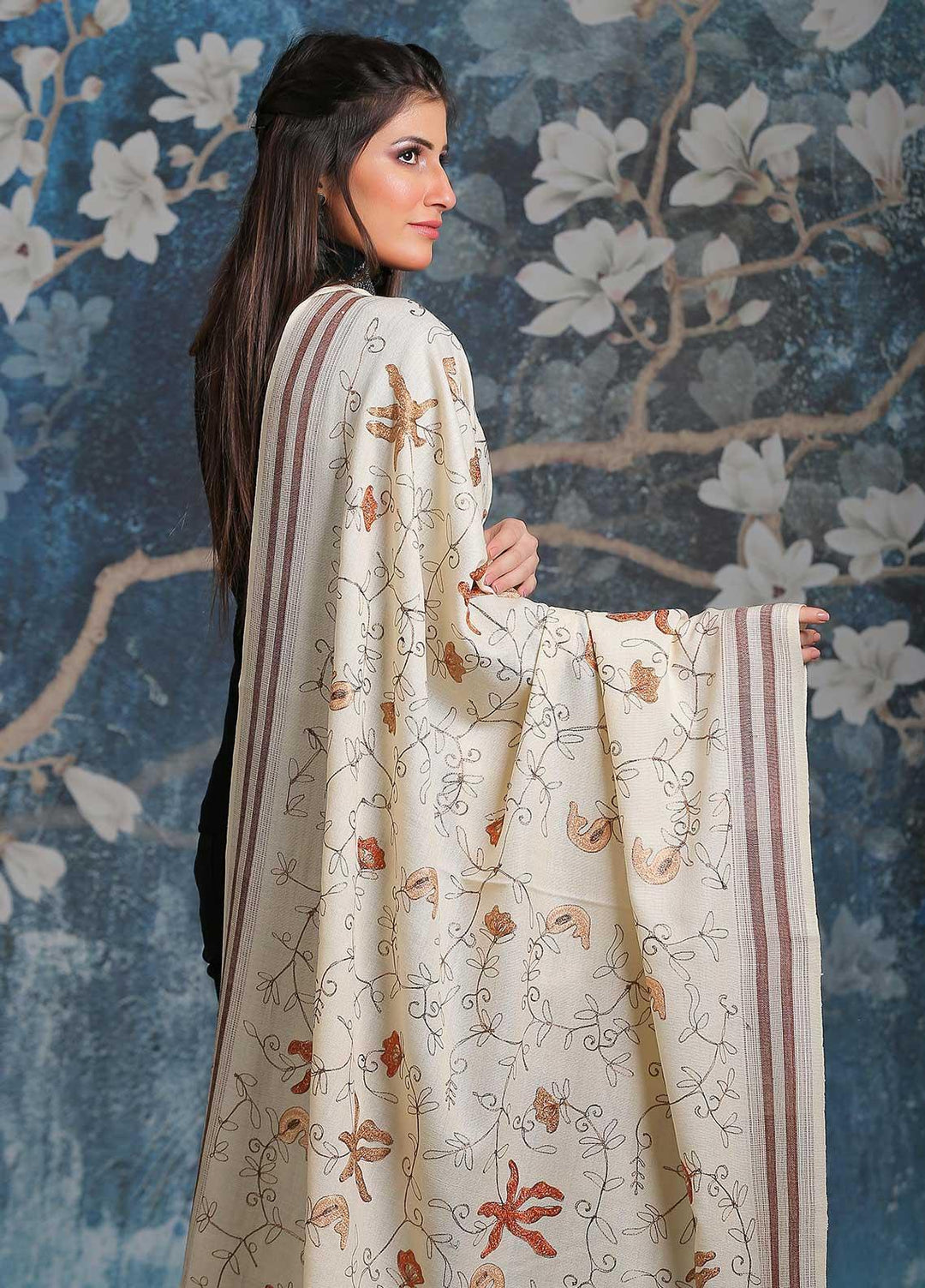 Sanaulla Exclusive Range Embroidered Pashmina Shawl SU21PP Off White D-07 Pure Pashmina Shawls