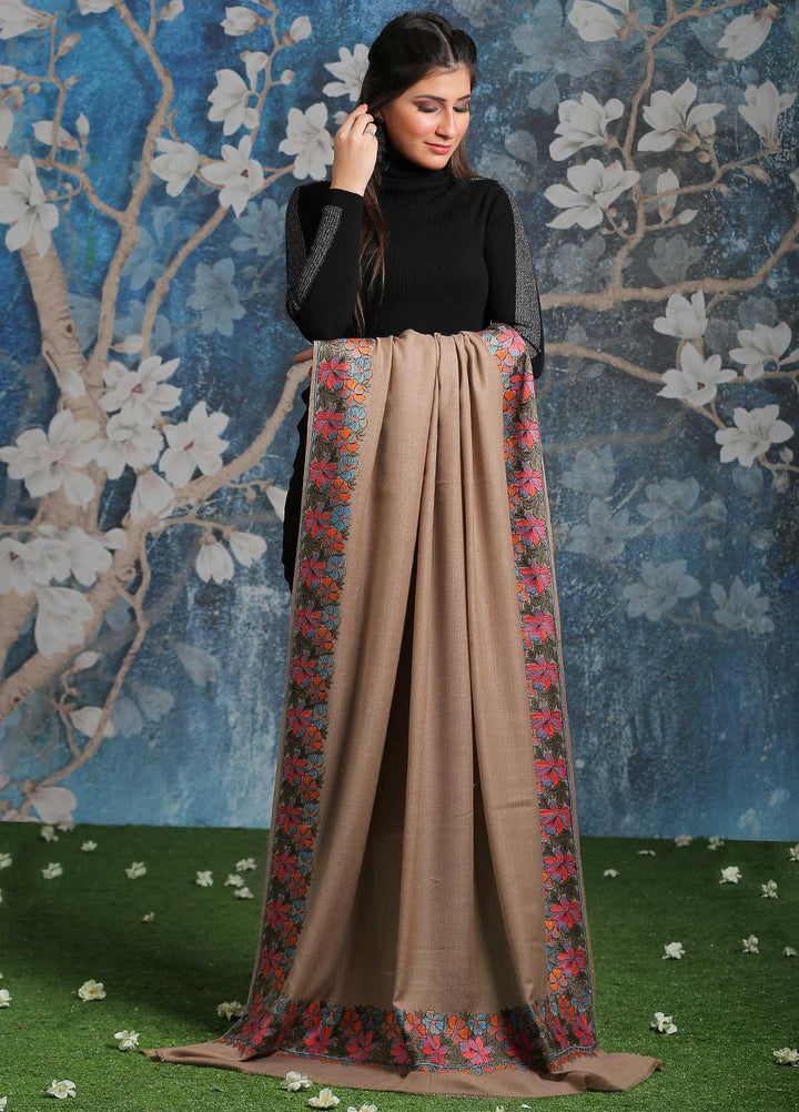Sanaulla Exclusive Range Embroidered Pashmina Shawl SU21PP MIR-210 Brown2 Pure Pashmina Shawls