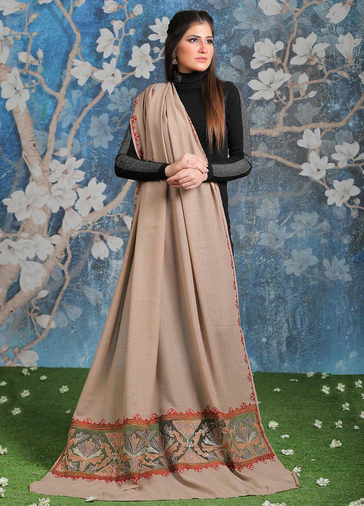 Sanaulla Exclusive Range Embroidered Pashmina Shawl SU21PP MIR-361 Fawn2 Pure Pashmina Shawls
