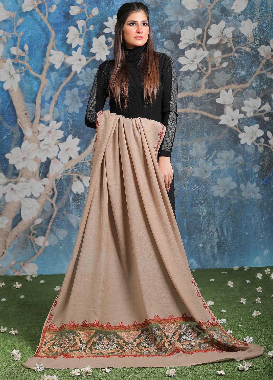 Sanaulla Exclusive Range Embroidered Pashmina Shawl SU21PP MIR-361 Fawn2 Pure Pashmina Shawls