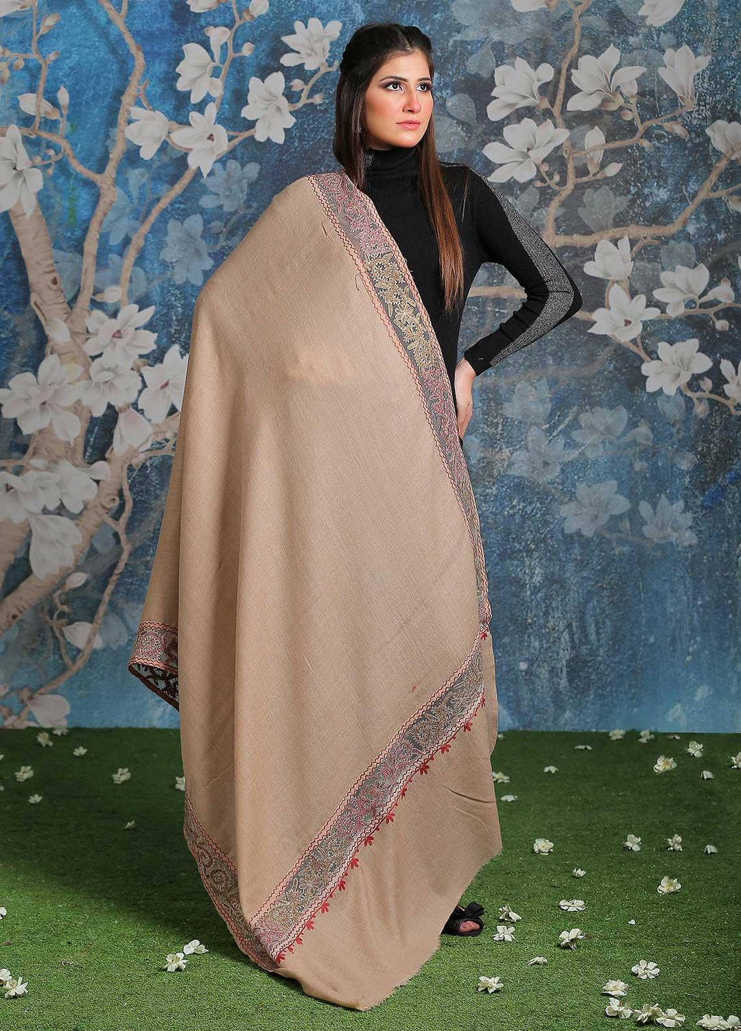 Sanaulla Exclusive Range Embroidered Pashmina Shawl SU21PP MIR-369 Fawn8 Pure Pashmina Shawls