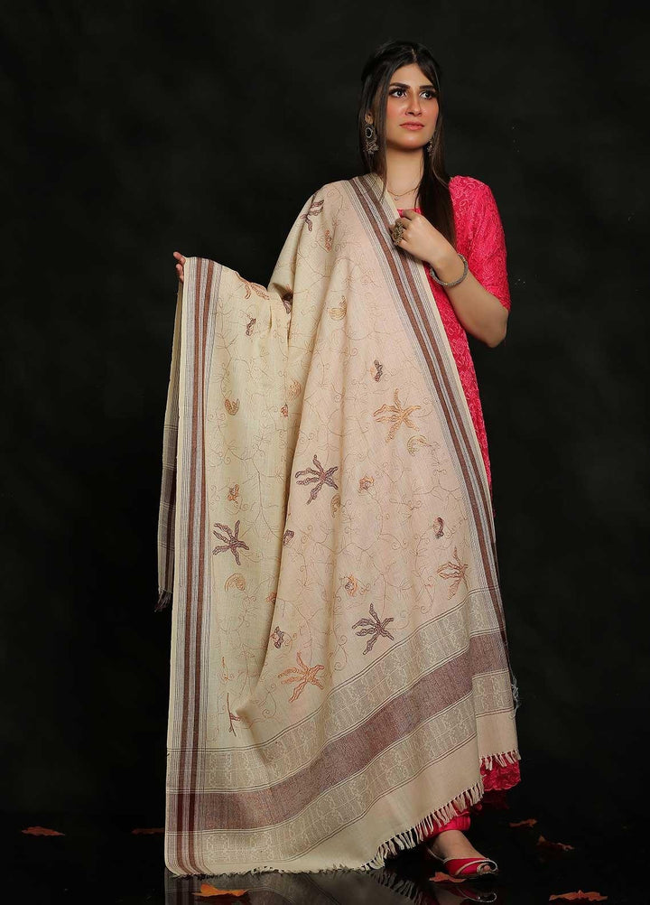 Sanaulla Exclusive Range Embroidered Pashmina  Shawl Off White D-06 - Pashmina Shawls