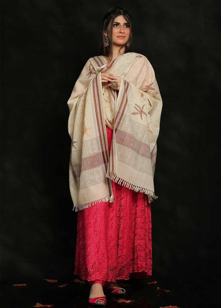 Sanaulla Exclusive Range Embroidered Pashmina  Shawl Off White D-06 - Pashmina Shawls